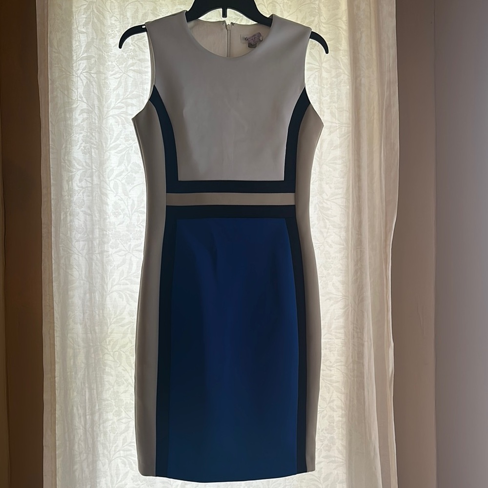 Calvin Klein Gray Tan Sheath Midi Dress Sleeveless Crew Neck
